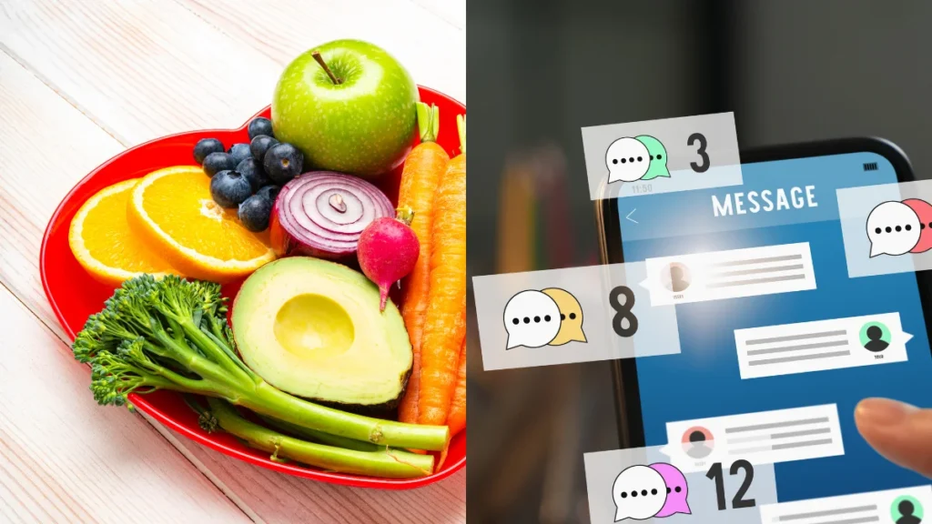Fresh fruits with mobile app showing nutrition tips and health messages