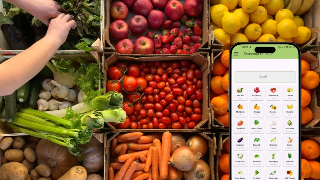 Seasonal fruits and vegetables with AvoidAdditives app showing April harvest
