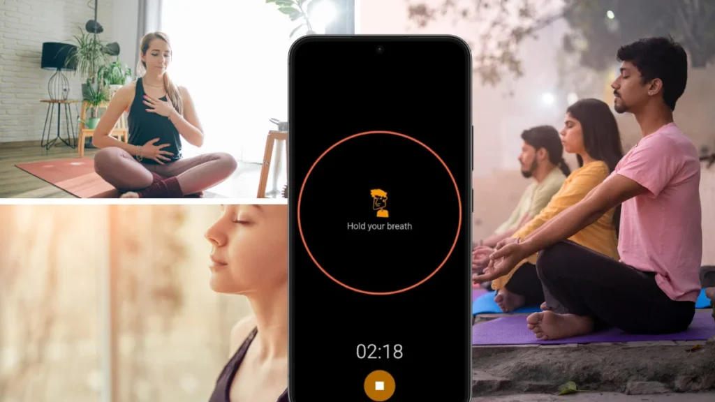 Breathing exercise with Candle Light app and people meditating
