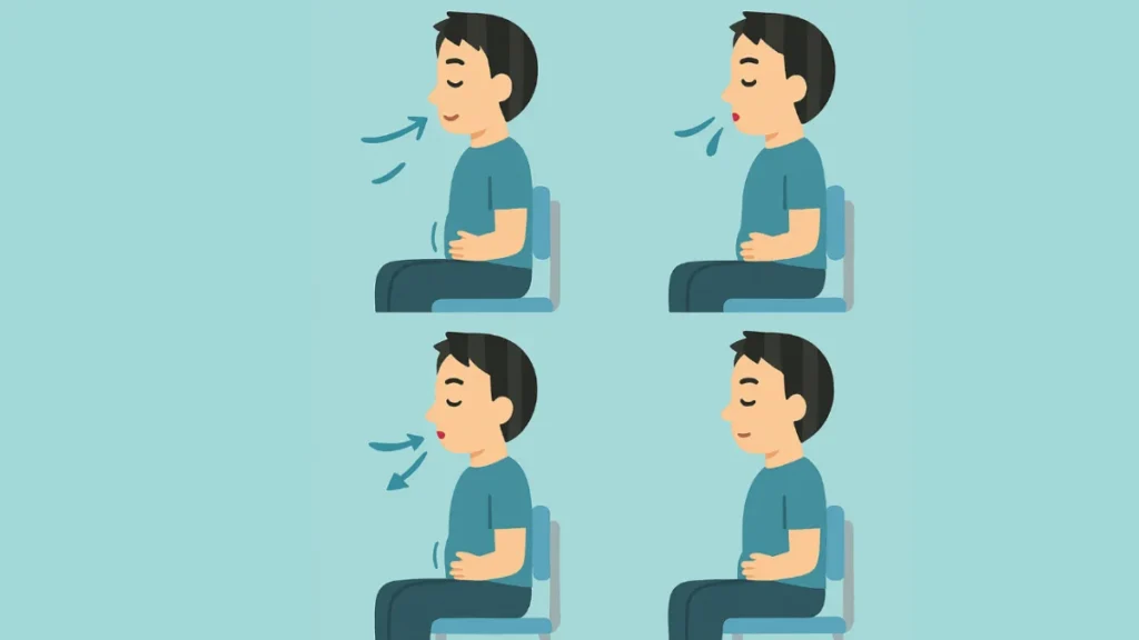 Illustration showing diaphragmatic breathing steps for stress relief