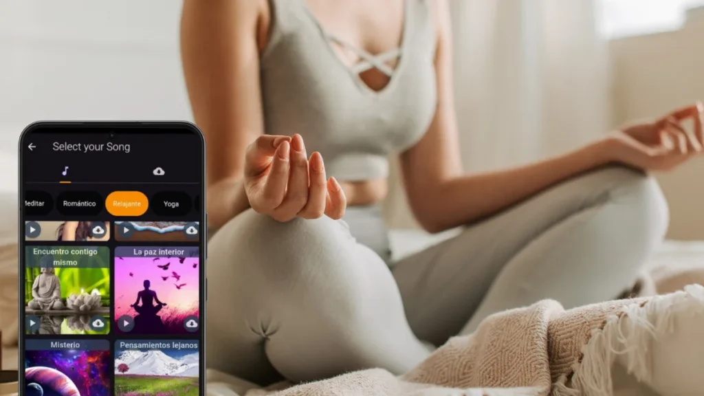 Woman meditating with Candle Light app playing relaxing music