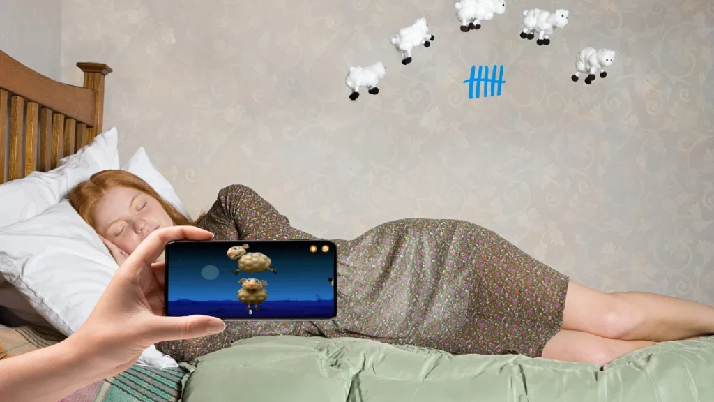 Woman sleeping while using Candle Light app with sheep counter