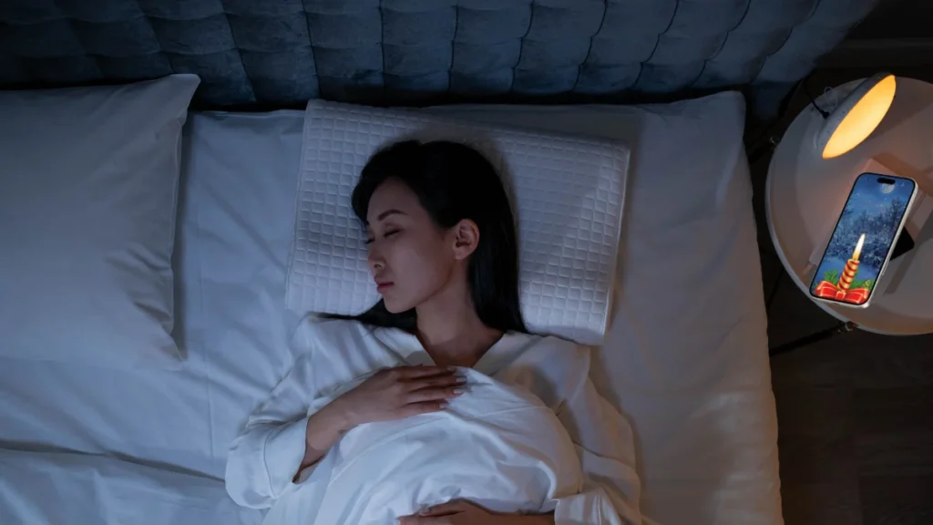 Woman sleeping peacefully with Candle Light app on nightstand
