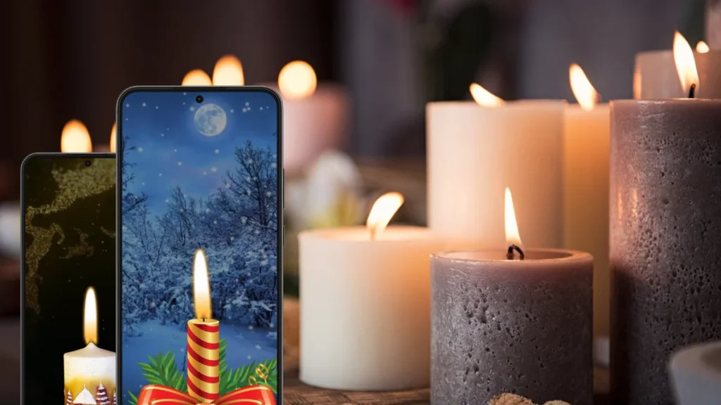 Winter-themed digital candle screen with real candles in the background
