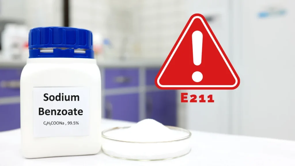 Sodium benzoate (E211) container with warning sign