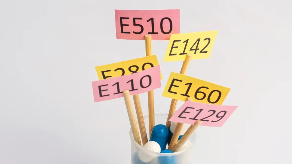 Colorful tags with food additives E110, E129, E142, E160, E280, E510