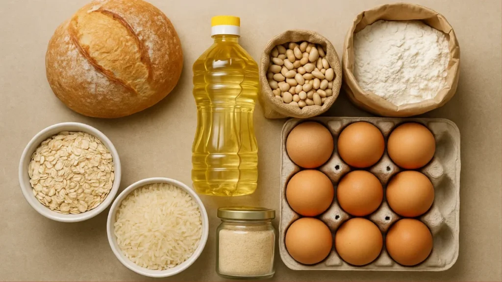Eggs, rice, flour, oats, and oil — natural ingredients without additives