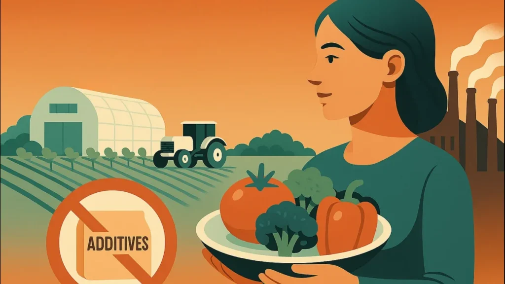 Woman holding fresh vegetables with no additives sign and farm background