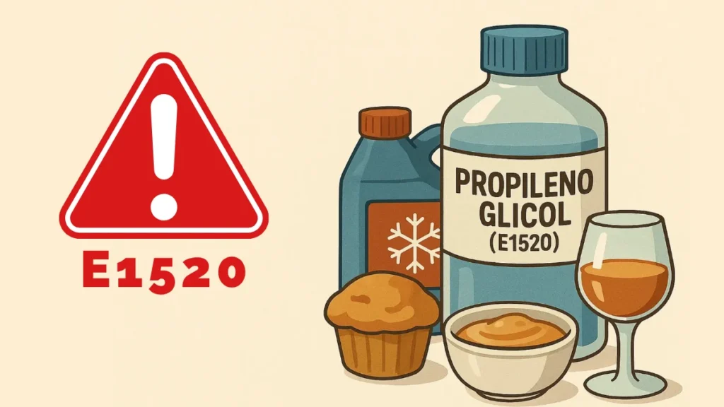 Bottles labeled E1520 Propylene Glycol next to food items
