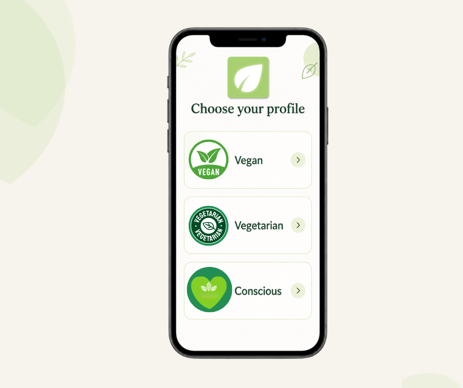 AvoidAdditives app screen showing three dietary profiles — vegan, vegetarian and conscious — to detect food additives that match your diet