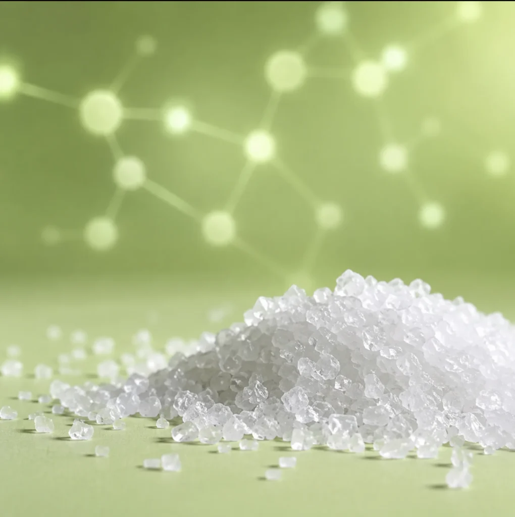 Macro close-up of white curing salt crystals with an abstract molecular background representing sodium nitrite E250.