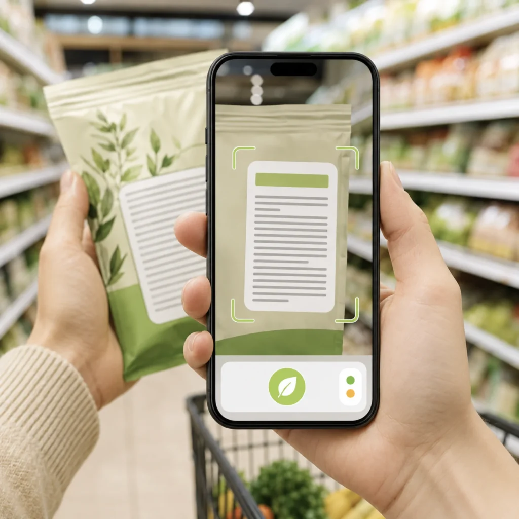 Smartphone scanning a packaged food ingredient list in a supermarket to detect sodium nitrite E250.