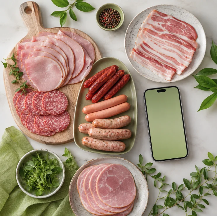 Assorted processed meats containing sodium nitrite E250 arranged beside a smartphone used to scan food ingredients.