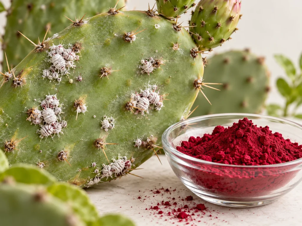 Cochineal insects on a prickly pear cactus next to carmine red powder, an animal-derived additive known as E120.