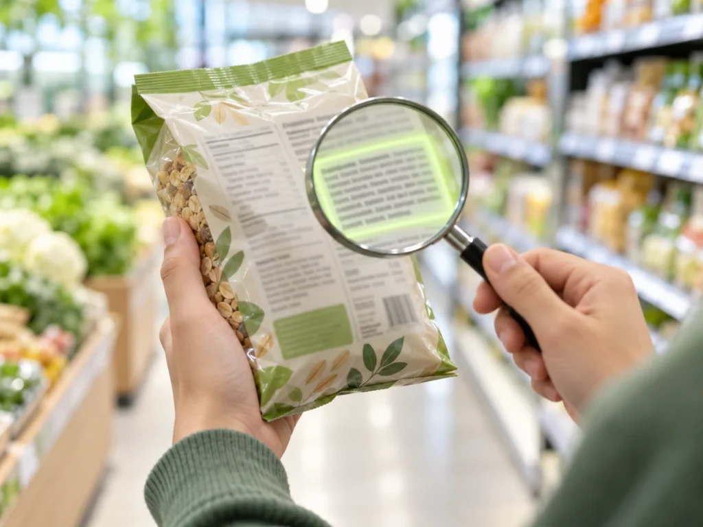 Hand holding a food package in a supermarket aisle with a magnifying glass over the ingredient list to check for animal-derived additives.