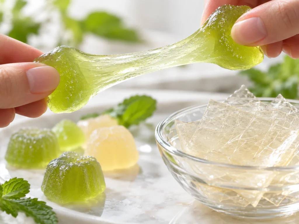 Close-up of hands stretching a translucent green gummy candy next to a glass bowl of gelatin sheets, showing its elastic and chewy texture.