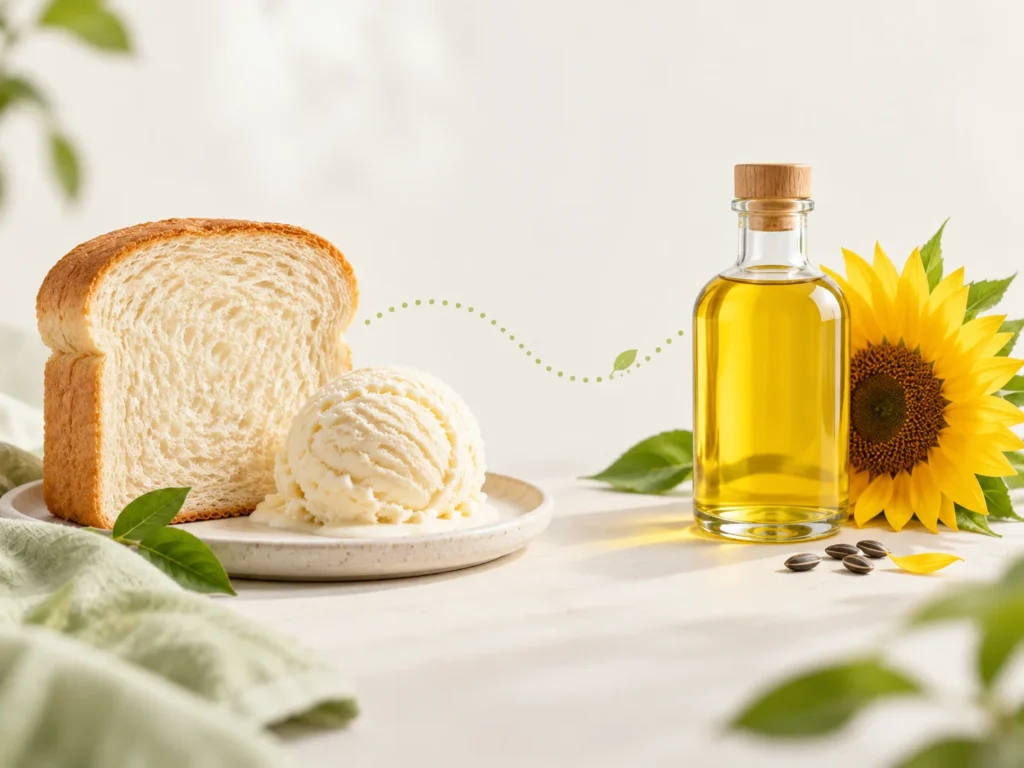 Bread and ice cream next to sunflower oil and a sunflower, illustrating the plant origin of some emulsifiers used in food.