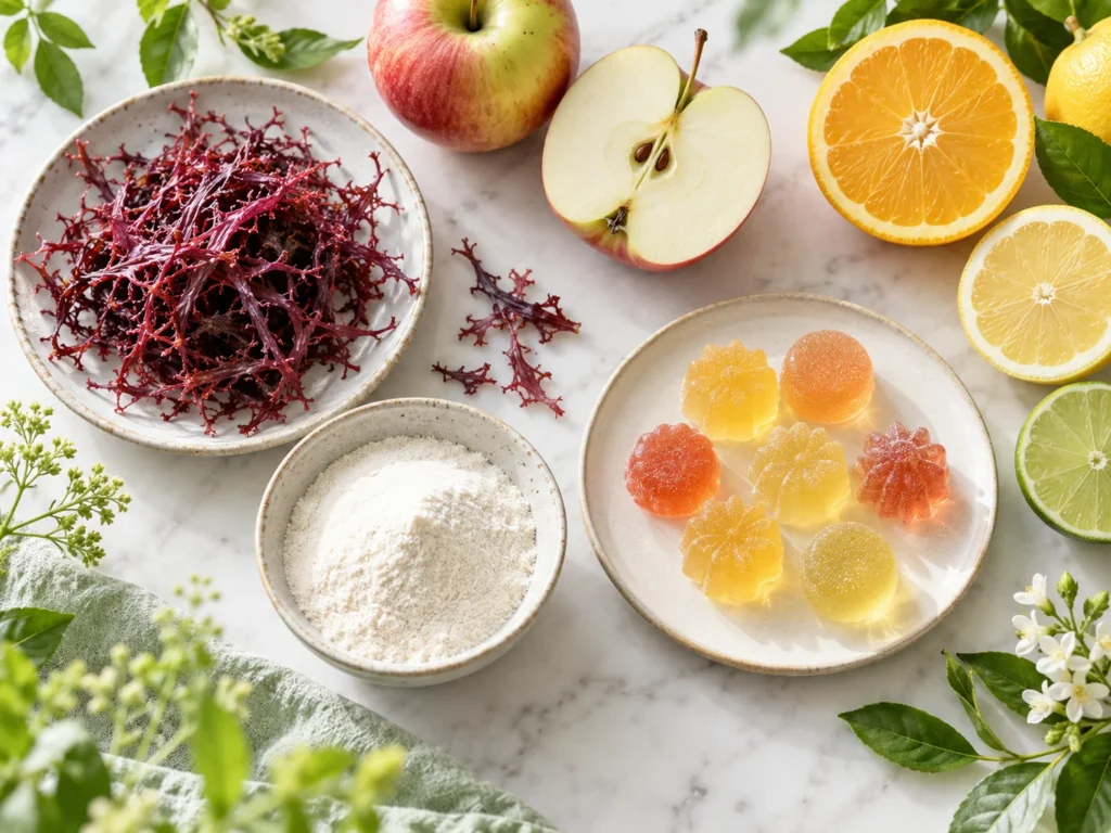Agar-agar powder, dried red seaweed, apples, citrus fruits, and fruit gummies illustrating plant-based gelling agents suitable for vegan products.