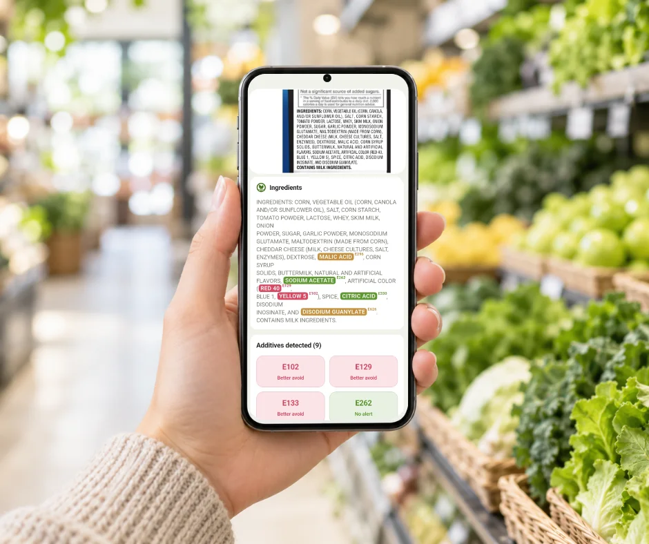TagHalal App Smartphone scanning a food ingredient list and detecting additives to help identify animal-derived ingredients that may not be suitable for vegans.