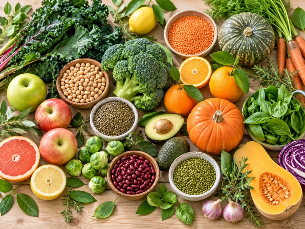 Flat lay of seasonal fruits, vegetables, leafy greens, pumpkins, citrus fruits, apples, broccoli, and legumes on a wooden table, representing plant-based ingredients.