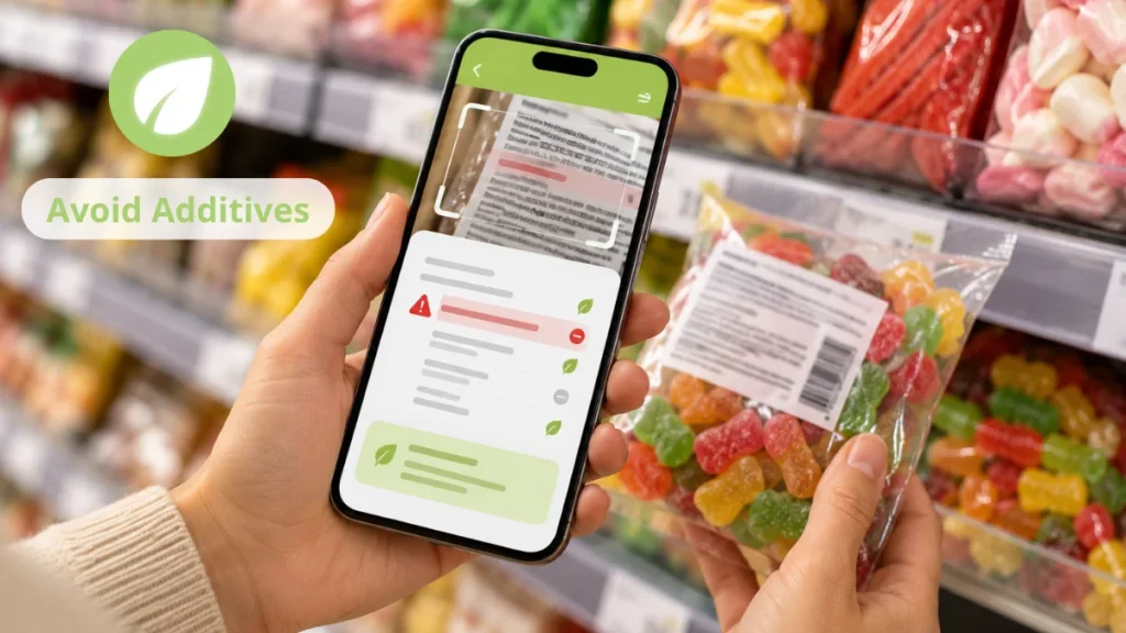 Person using a smartphone app to scan gummy candy ingredients in a supermarket, with an alert highlighting a potentially non-vegan ingredient.