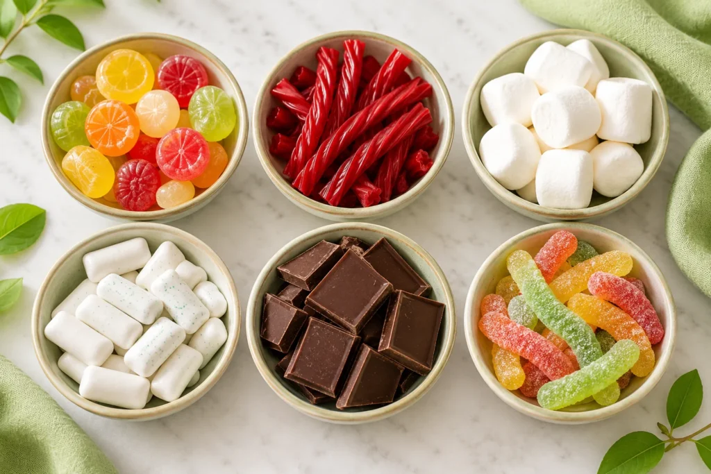 Overhead view of six ceramic bowls filled with hard candies, red licorice twists, marshmallows, chewing gum, dark chocolate and sour gummy strips.