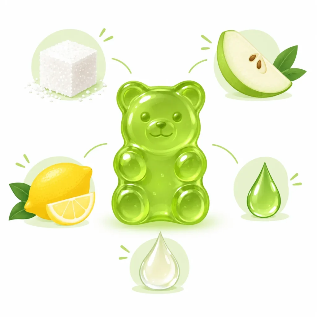 Green gummy bear illustration surrounded by sugar, fruit pectin, lemon, natural coloring and glazing ingredients used in gummy candies.