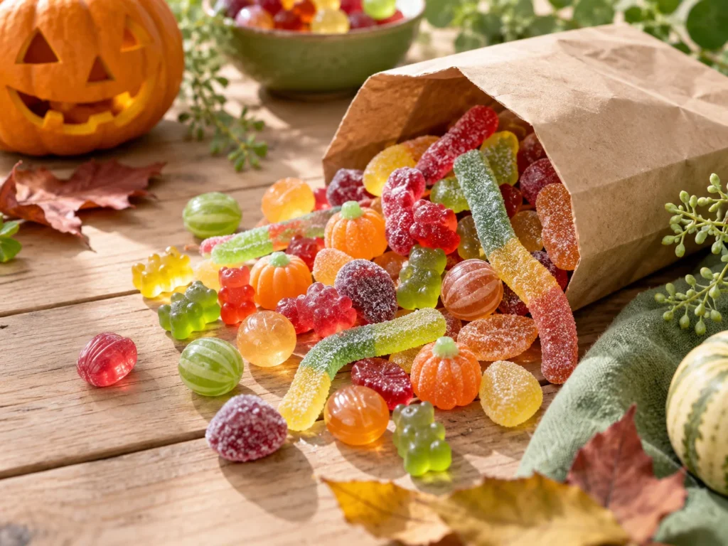 Colorful gummy candies, sour strips and hard candies spilling from a paper bag on a wooden table with Halloween decorations.