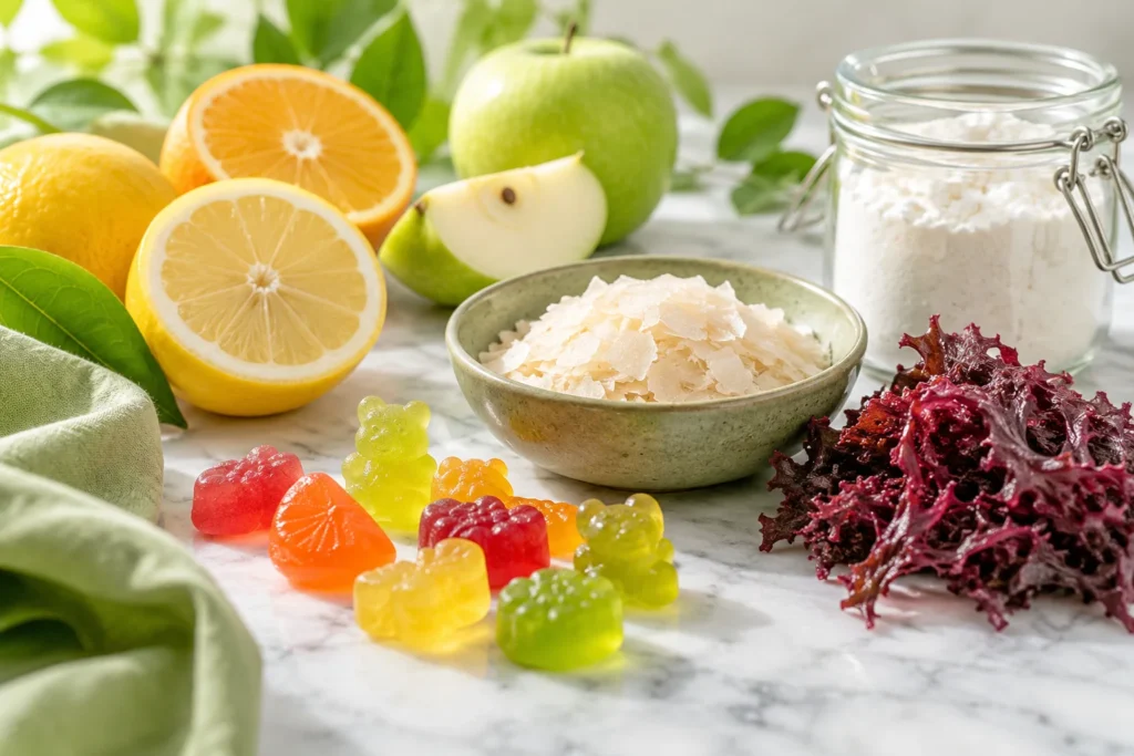 Colorful vegan-style gummy candies surrounded by apples, citrus fruits, agar-agar flakes, dried red seaweed and cornstarch on a marble surface.