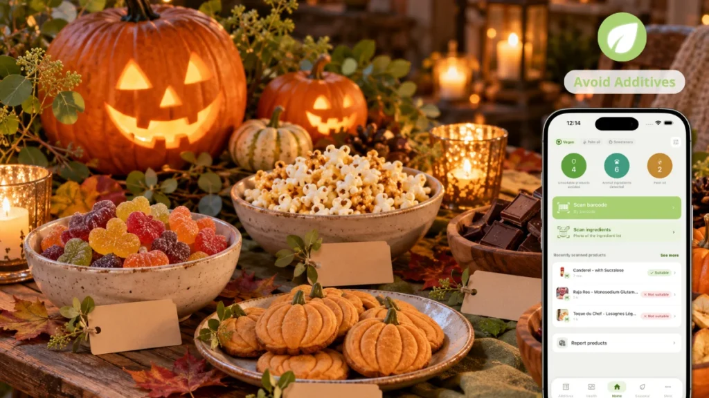 Cozy Halloween party table with bowls of gummy candies, dark chocolate, popcorn, pumpkin-shaped cookies and dried fruit, surrounded by carved pumpkins and candlelight.