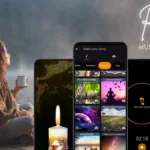 Woman relaxing with coffee and Candle Light app for meditation and peace
