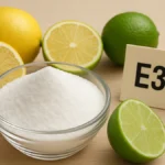 Citric acid E330 in bowl with lemons and limes as natural sources