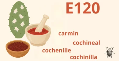 Carmine E120 also labeled as carmin, cochineal, or cochinilla