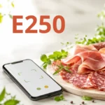 Cured meats including ham, salami and sausages arranged beside a smartphone scanning food additives.