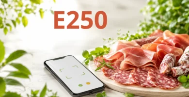 Cured meats including ham, salami and sausages arranged beside a smartphone scanning food additives.