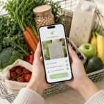 Smartphone scanning food ingredients beside a basket of plant-based groceries to identify additives that may not be suitable for vegans.