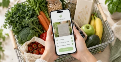 Smartphone scanning food ingredients beside a basket of plant-based groceries to identify additives that may not be suitable for vegans.